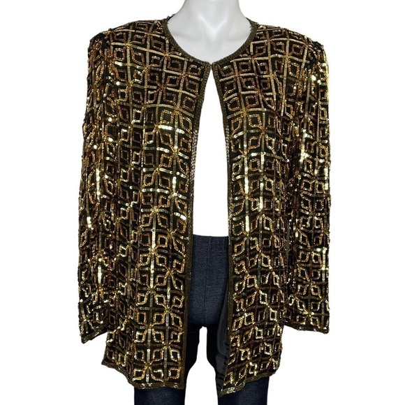 Carina Vintage gold sequin silk top with hook and eye Large - Picture 3 of 7